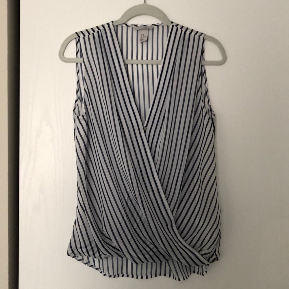Striped faux wrap sleeveless blouse